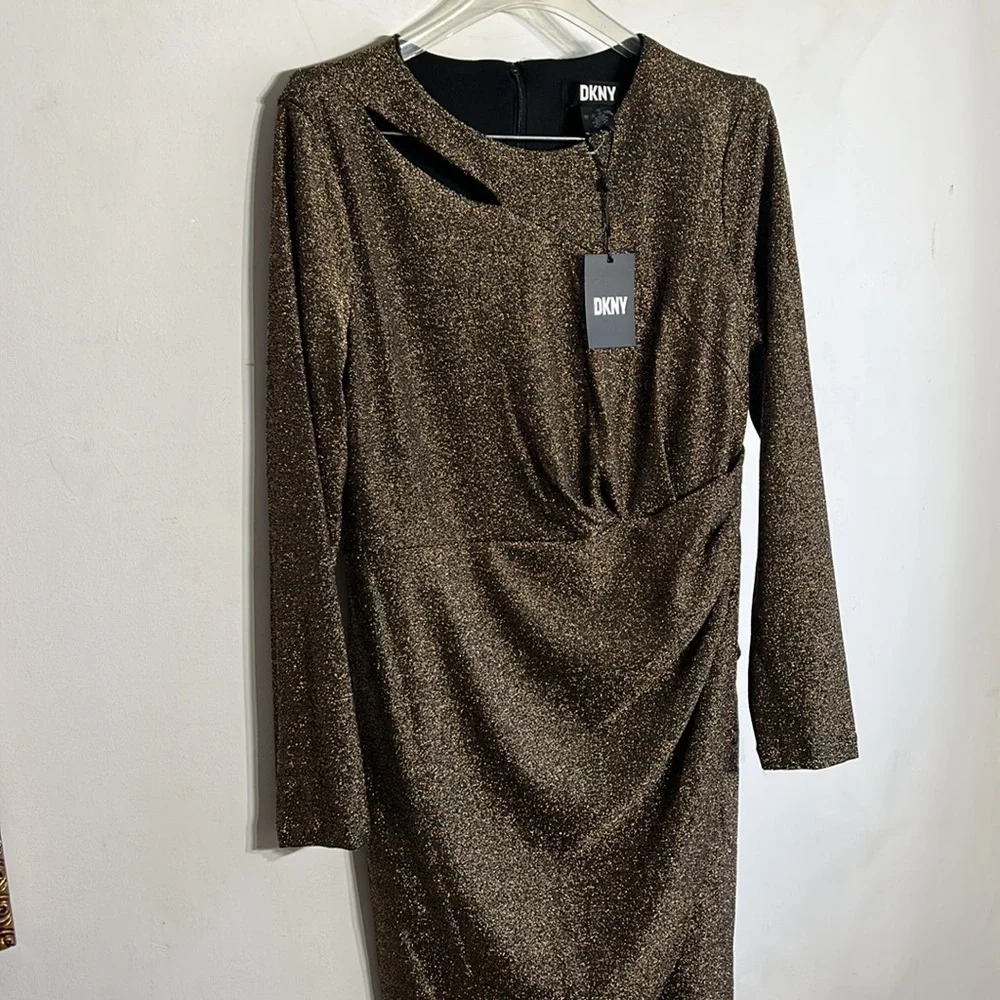 DKNY Long Sleeve Knit Cut Out Sheath metallic gold women’s 12 new with tags